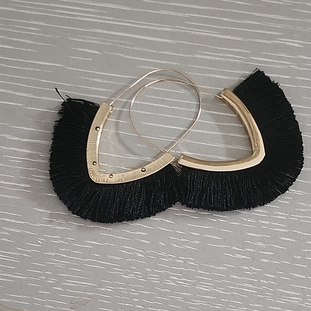 Anthropologie Gold-Tone Hoop Earrings with Black Fringe Trim